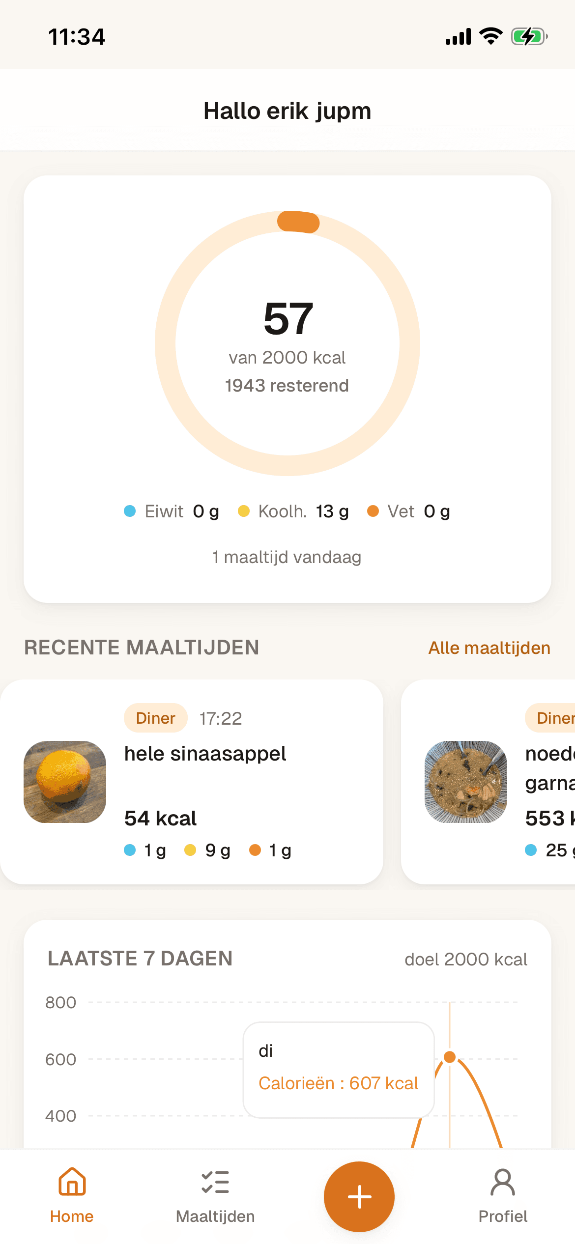 Calorietje dashboard met dagelijkse calorie-ring, recente maaltijden en weekgrafiek