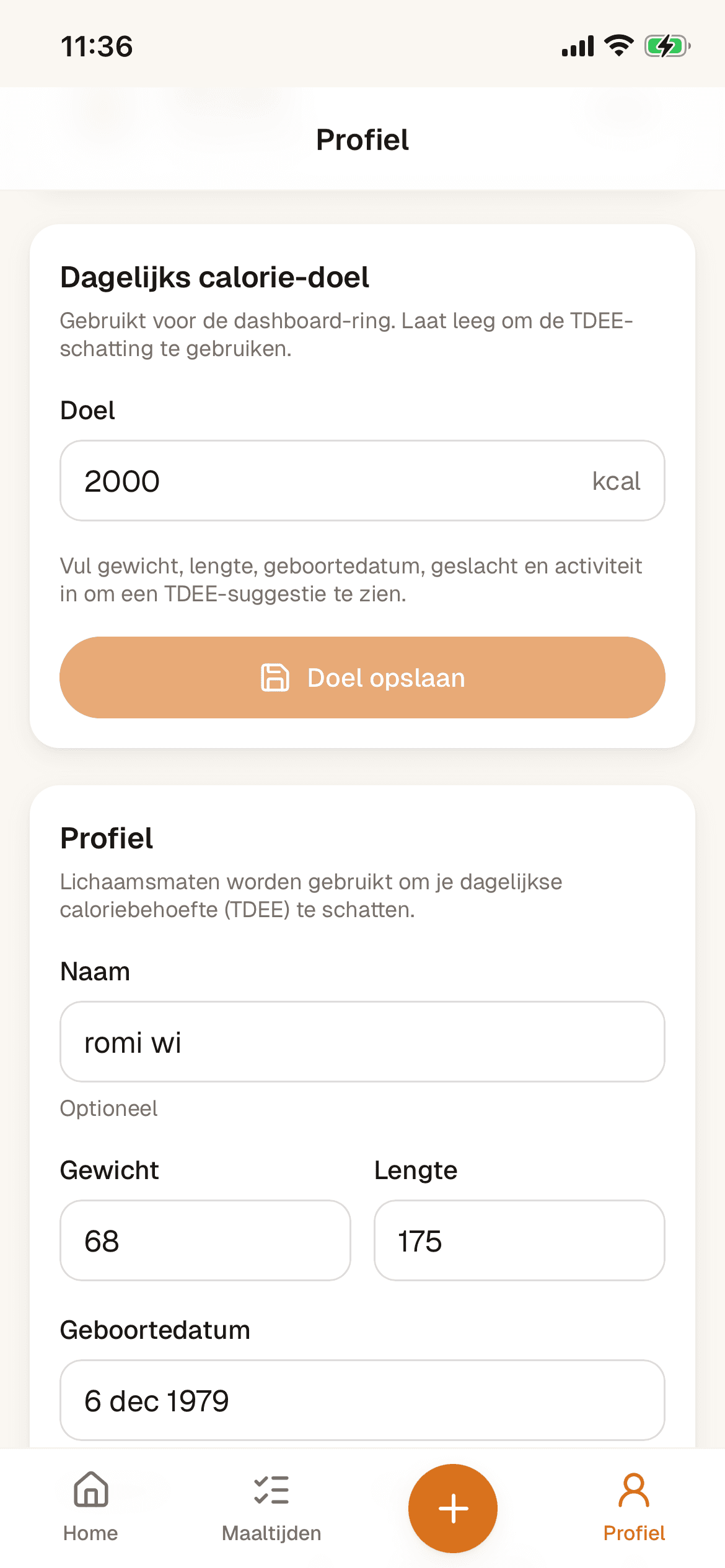 Profielpagina met calorie-doel en lichaamsmaten